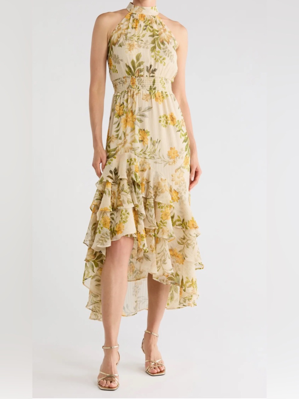CeCe Cream Floral High-Low Halter Maxi Dress with Yellow Blooms